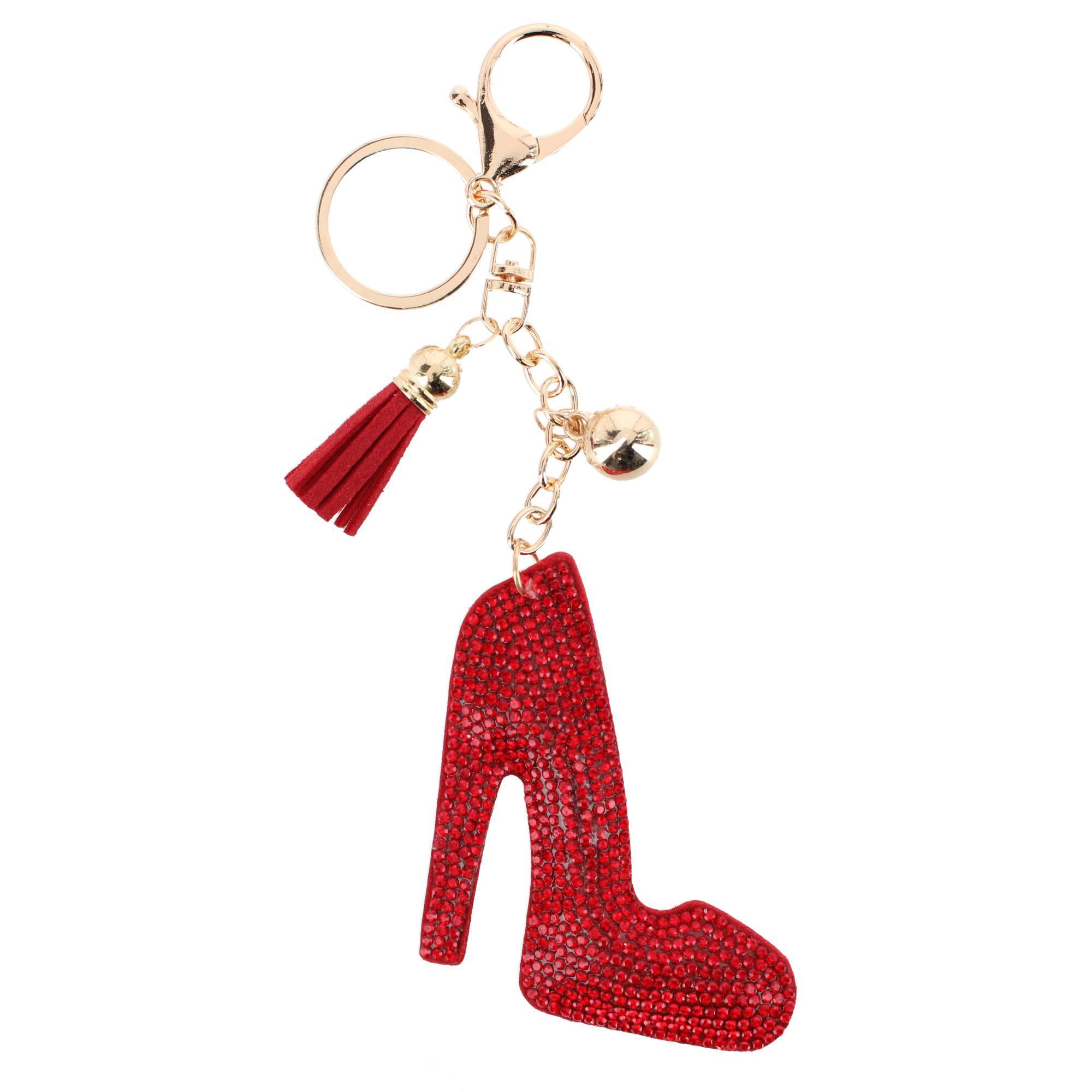 CTM Women's Red Rhinestone High Heel with Tassel Bag Charm & Key Chain