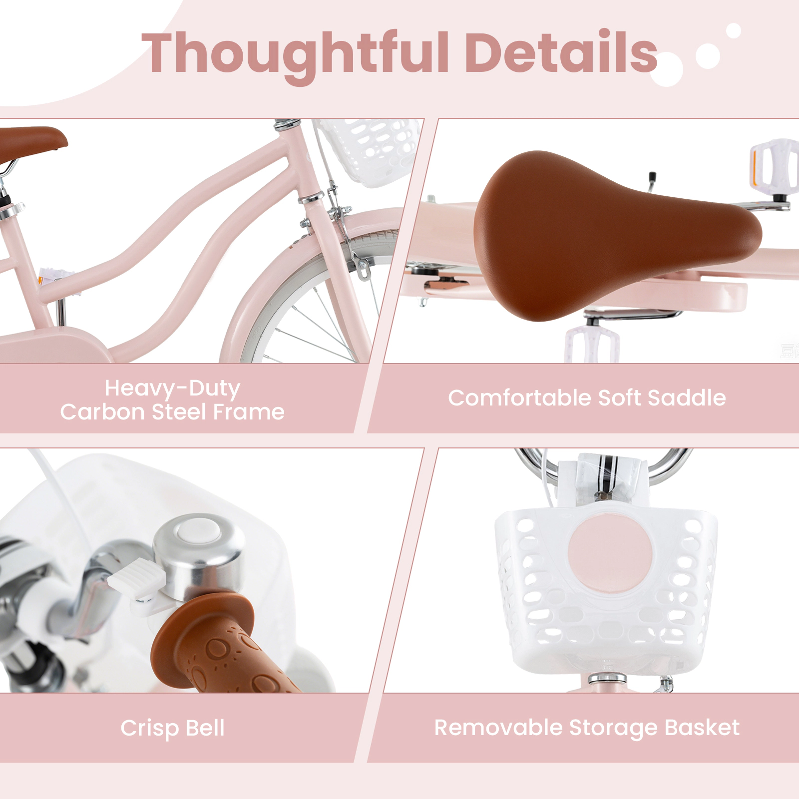 20-in Kids Bike Kickstand Removable Basket Dual Hand/Coaster Brakes Adjustable Seat Ages 8+ Pink