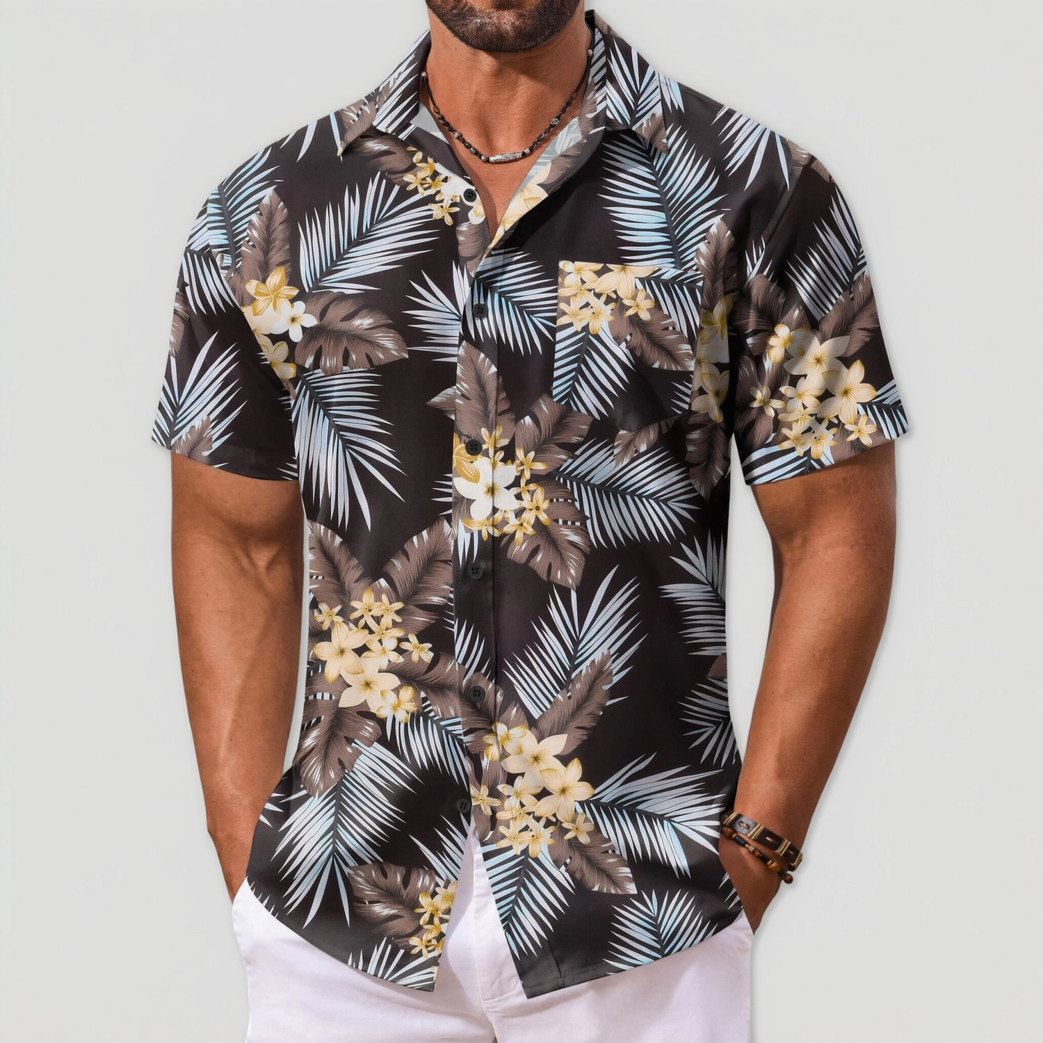 COOFANDY Mens Short Sleeve Hawaiian Shirt Palm Leaf Print Button Up Casual Tops