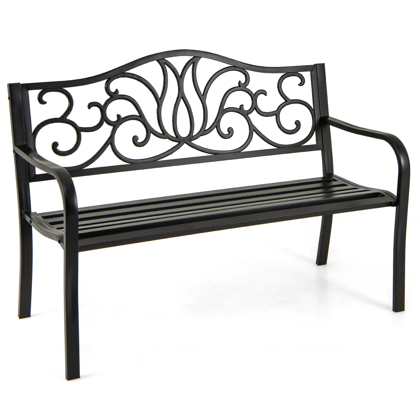 LJG 50 Inches Outdoor Garden Bench with Floral Design Backrest and Slatted Seat