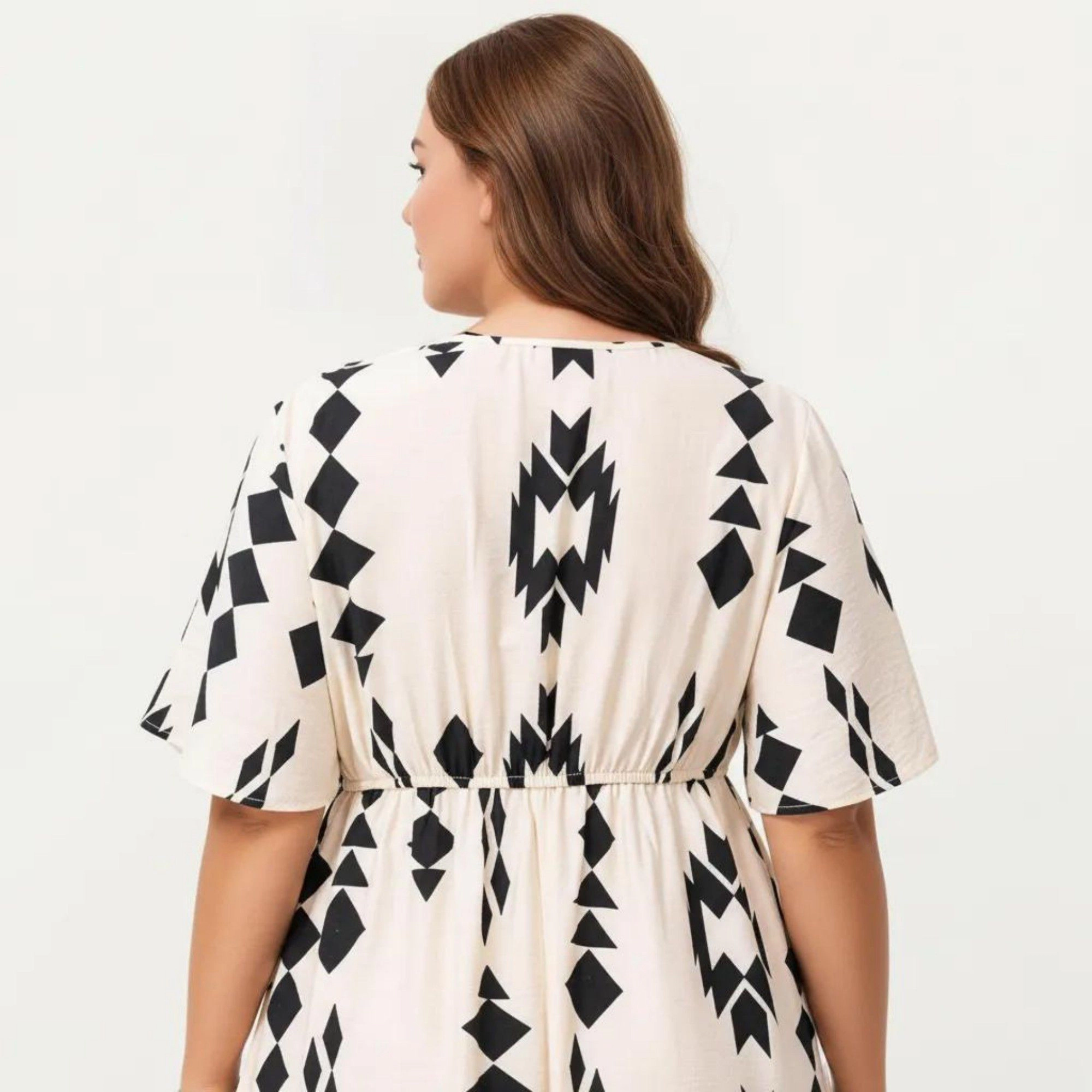 Anna-Kaci Women's Short Sleeve V Neck Elastic Waist Geometric Print Tiered Hem Flowy A Line Midi Dress