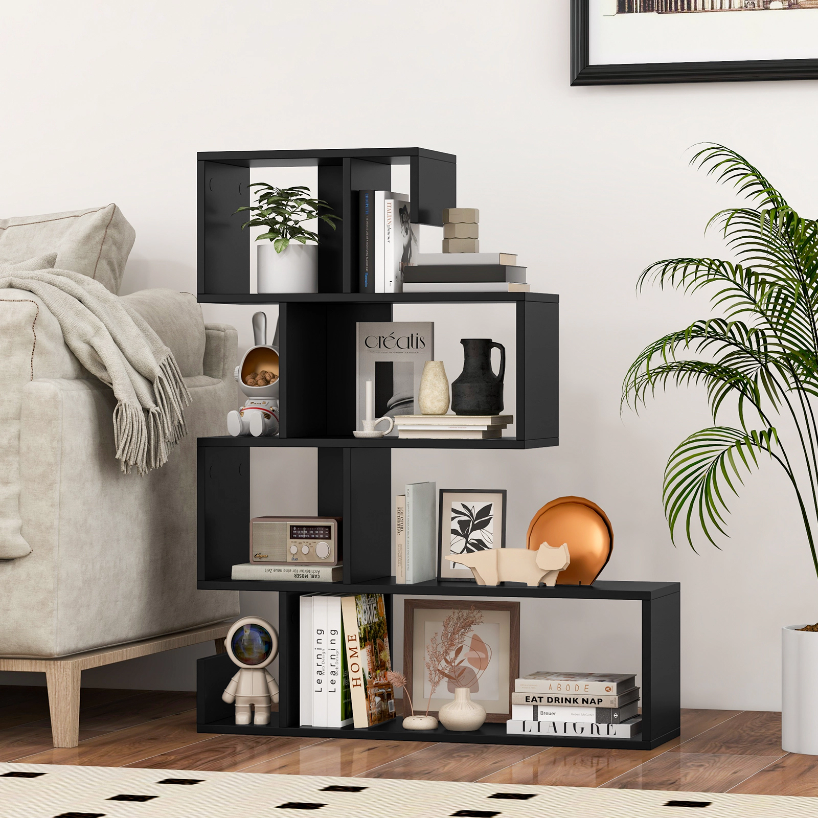 SUGIFT 5-Tier S-Shaped Geometric Z-Shelf Bookcase with Open Cubes 44-lb Top Capacity Engineered Wood 31.5-in Wide Black
