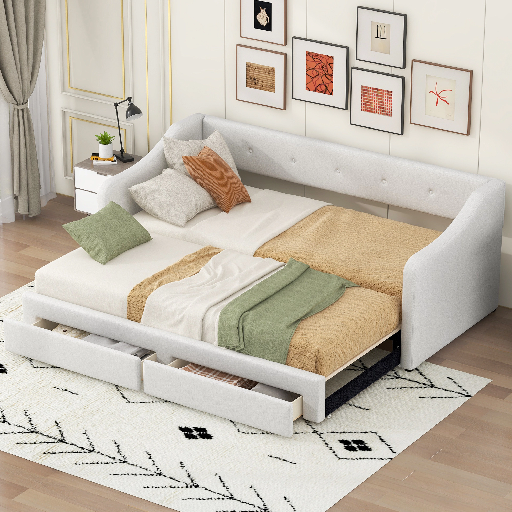 Flynama Twin XL–King Upholstered Daybed with Two Drawers, Beige