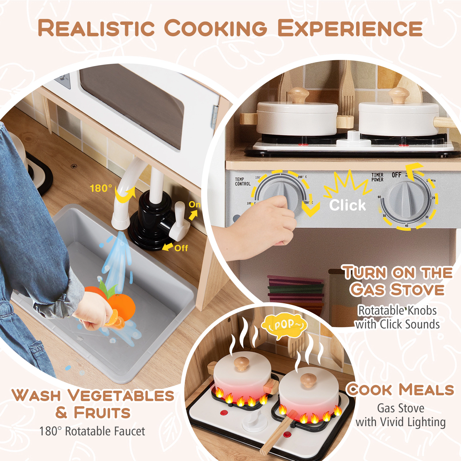 Hivvago Wooden Kids Pretend Kitchen Playset Cooking Play Toy with Utensils and Sound