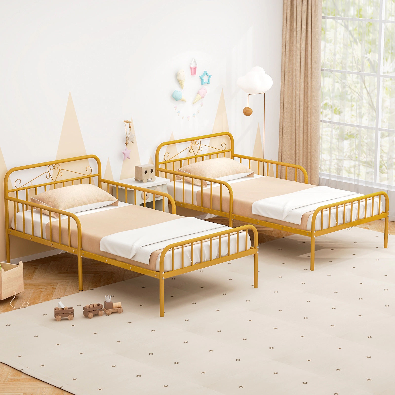 Twin Size Metal Bed Frame with Headboard and 10.5-in Safety Side Guardrails 485-lb Capacity 6 Support Legs Gold