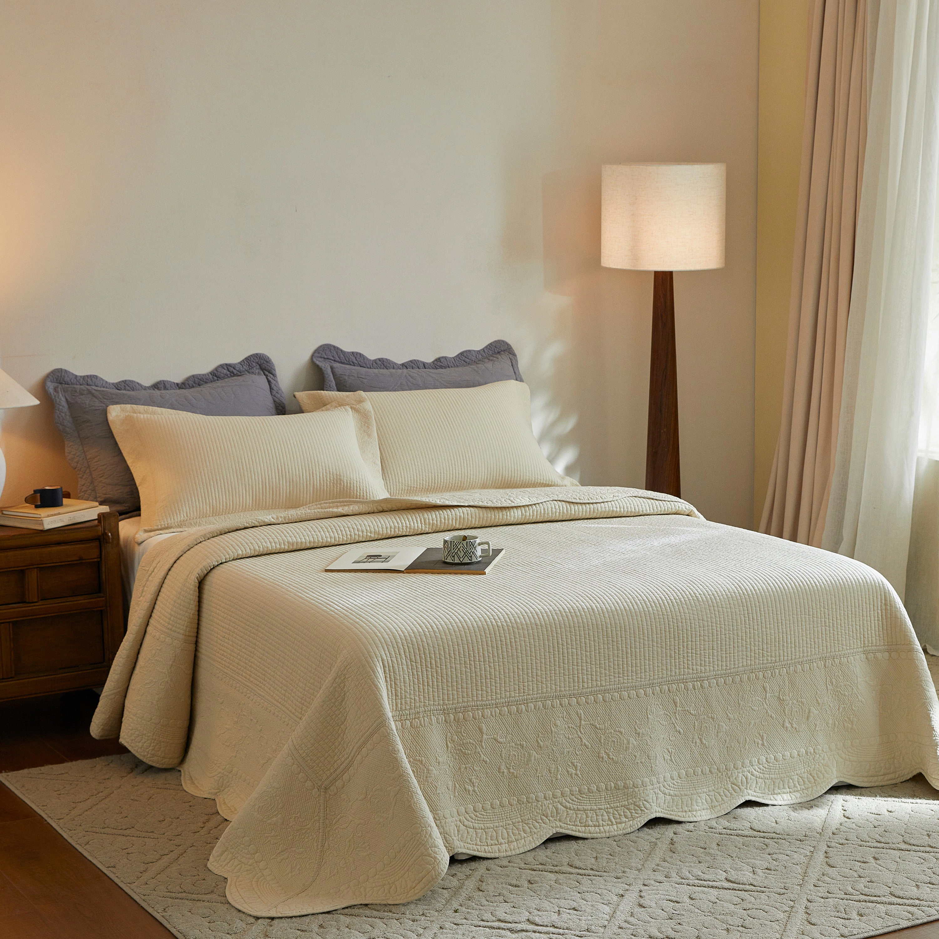 MarCielo 3 Piece 100% Cotton Oversize Quilt Bedspread Set, Embroidery Farmhouse Bedding Set