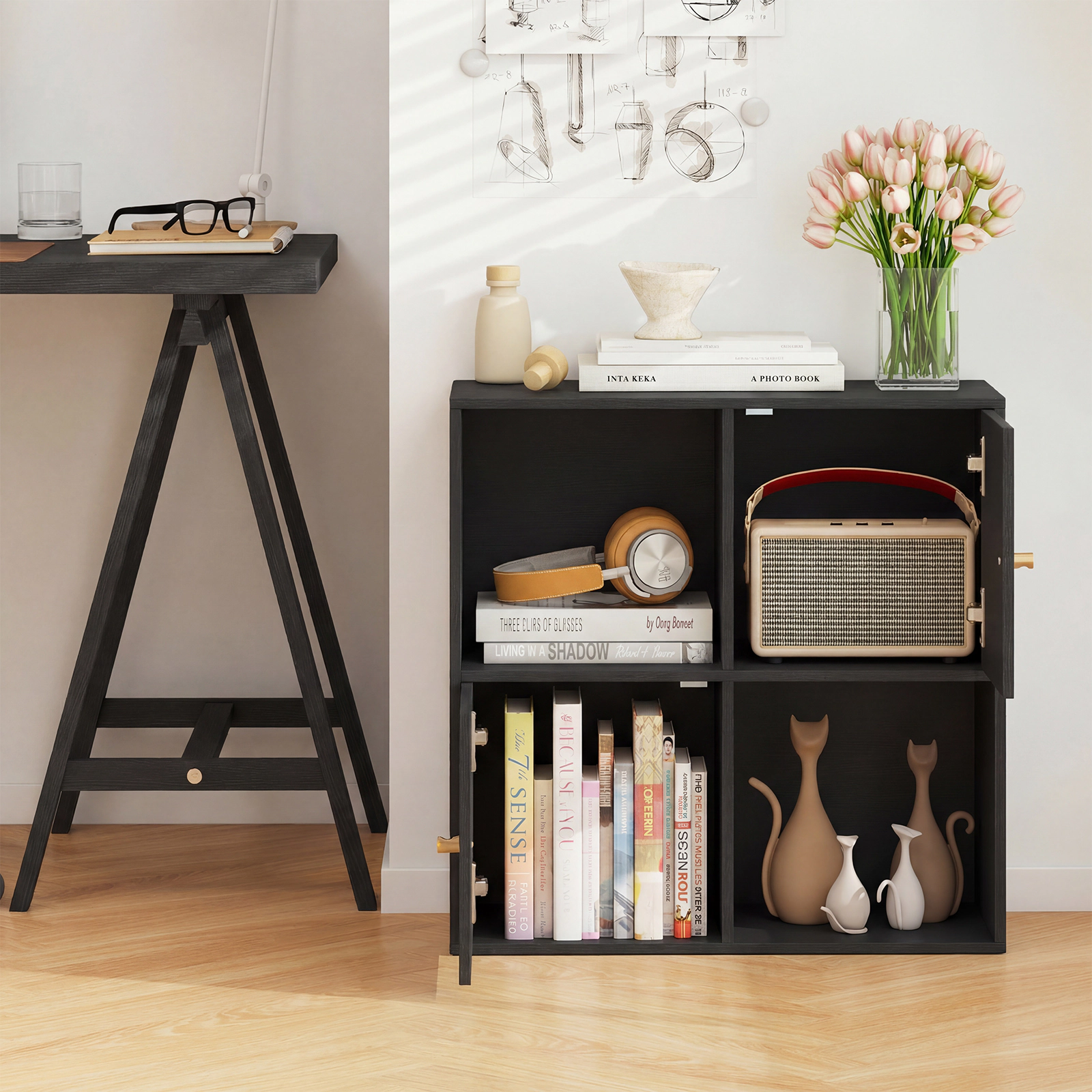 Costway 4-cube Bookcase, Floor Standing Display Cabinet with 2 Open Cubes, Enclosed Cubes Black