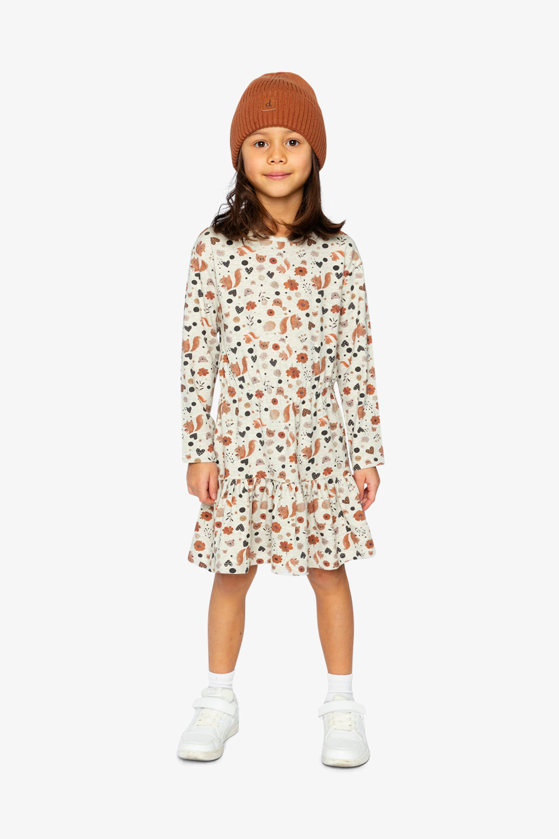 Deux par Girls Squirrel & Floral Print Ruffled Organic Cotton Dress