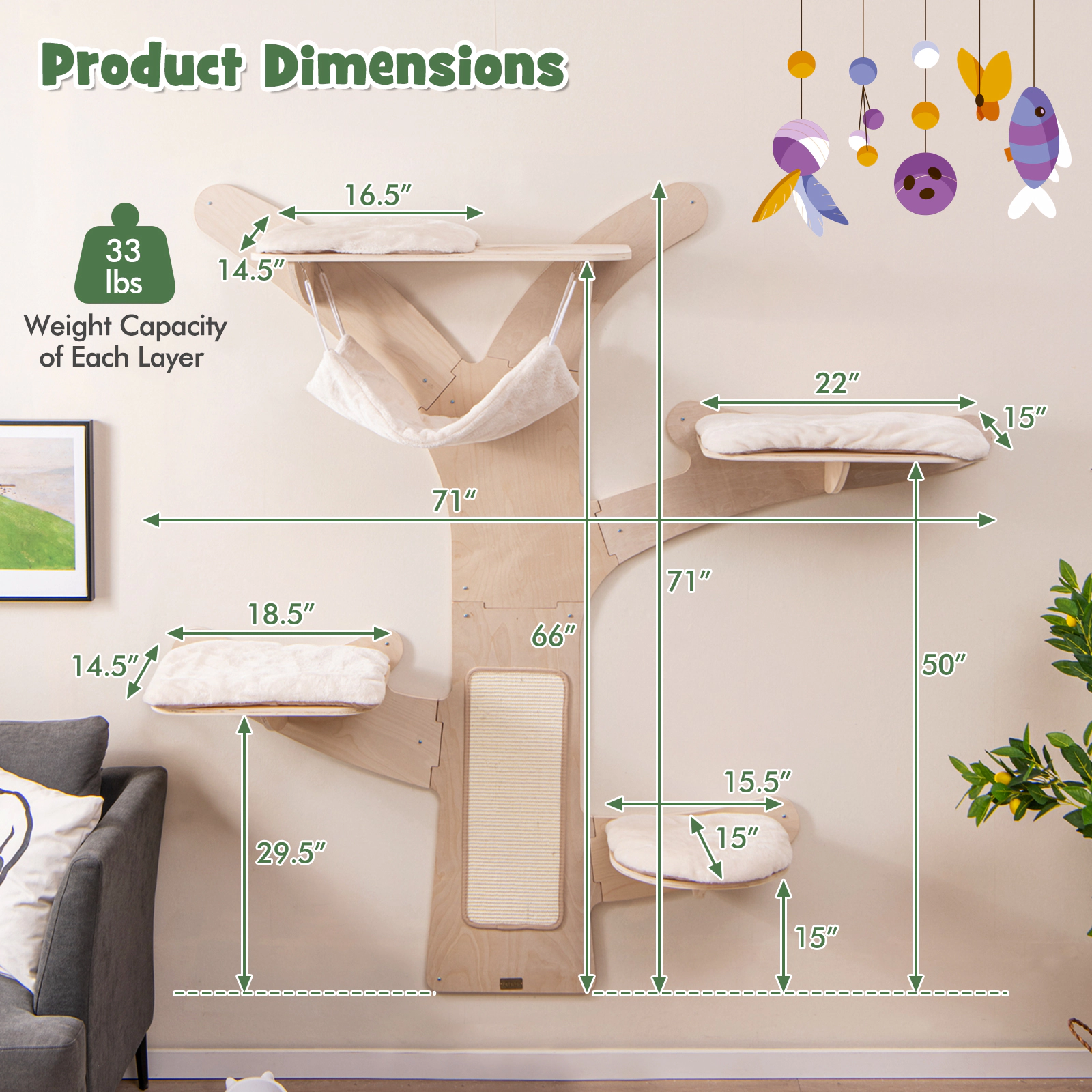 Glintex 71-Inch Wall-Mounted Cat Tower with 4 Platforms Hammock and Sisal Mat, Natural