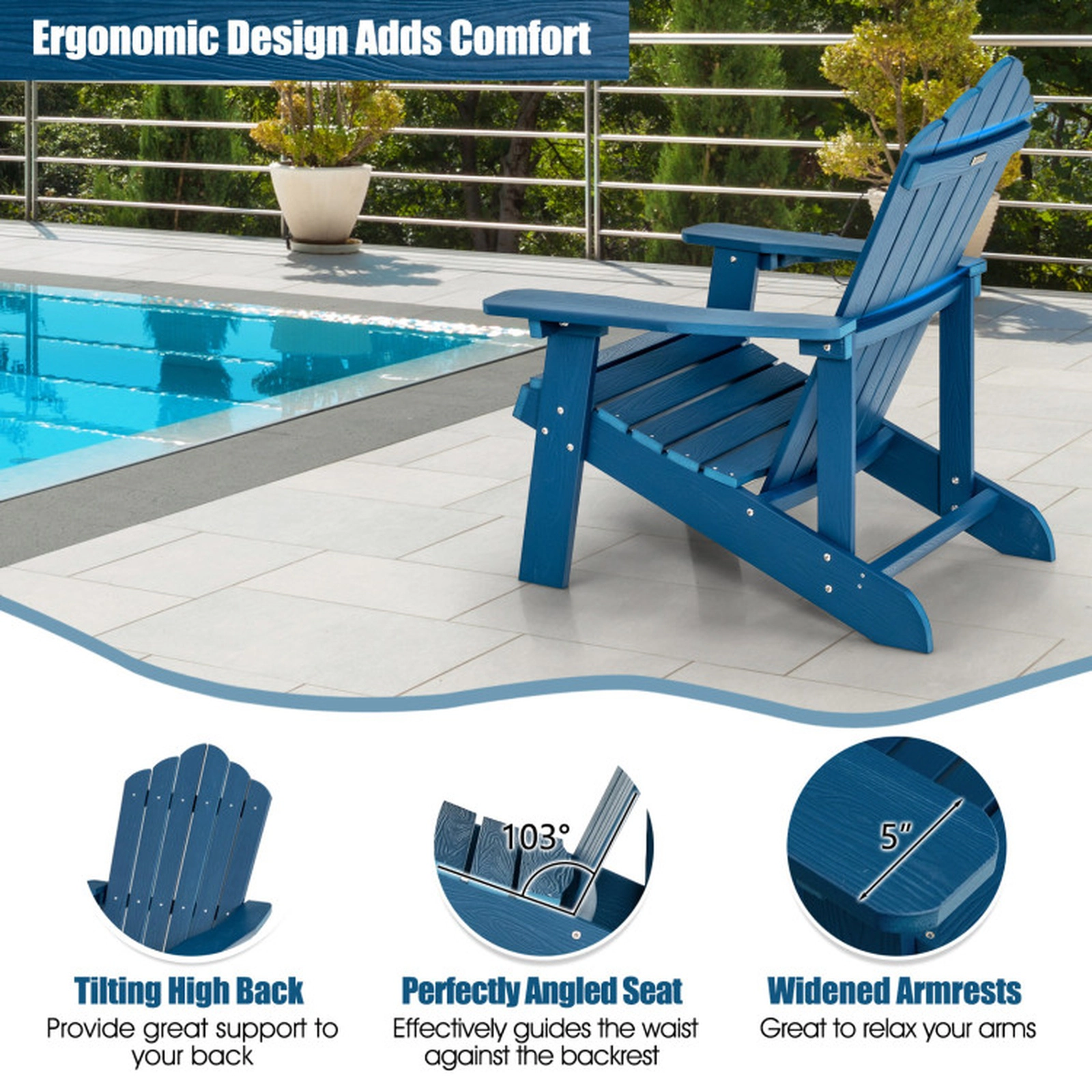 SUGIFT 2-Piece HIPS HDPE Adirondack Chair Set with Cup Holder 380-lb Adult Capacity Ages 3-8 33.5-in Adult Chair Navy