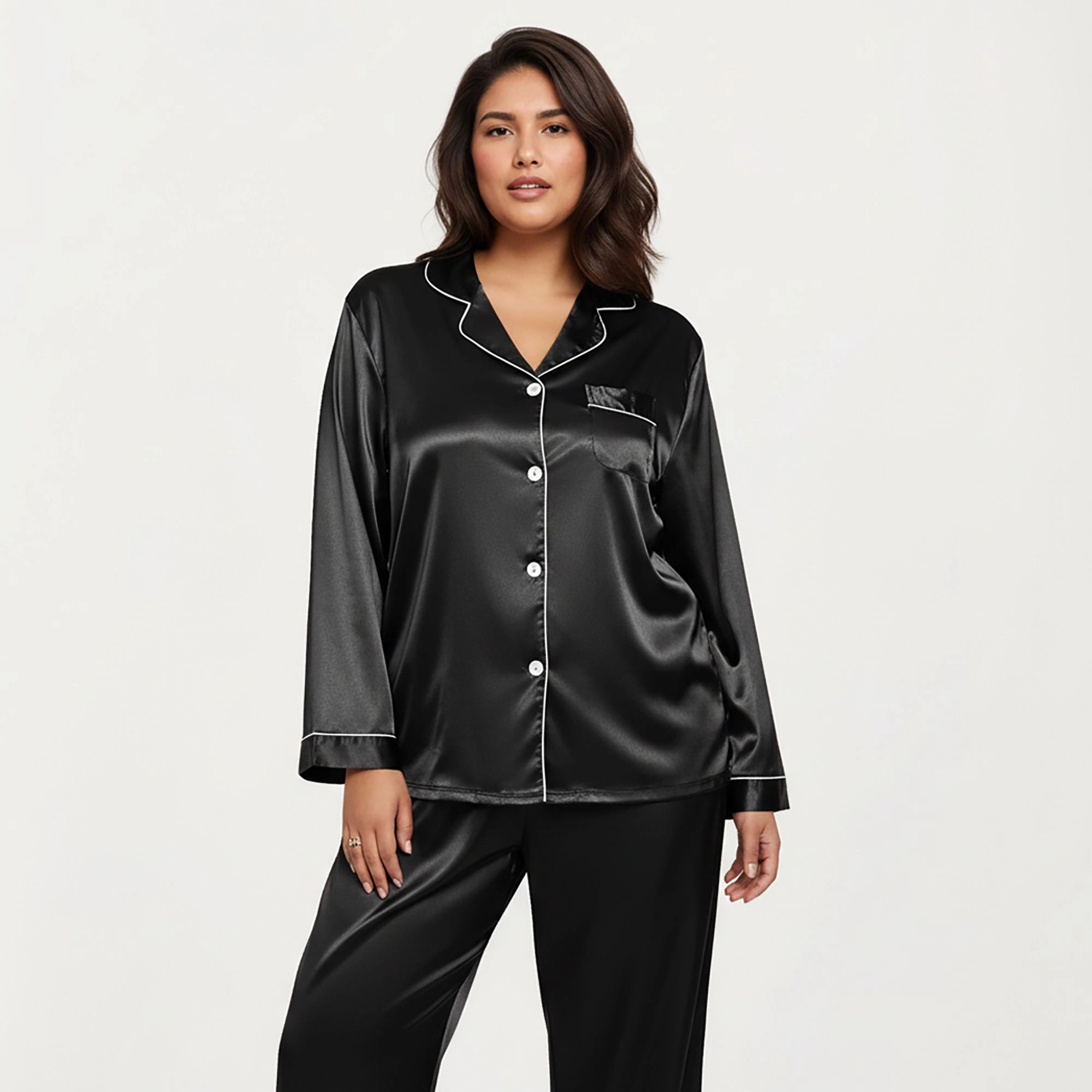 Anna-Kaci Women's Plus 2-Piece Satin Button Up Pajama Top and Relaxed Fit Pants with Contrast Piping Trim