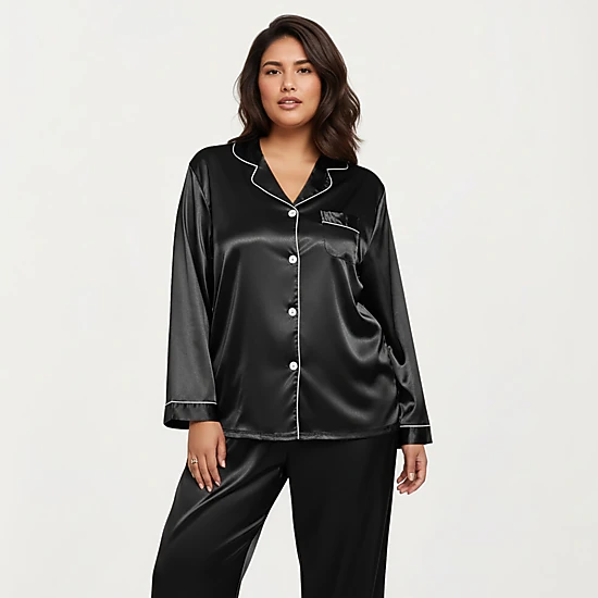 Anna-Kaci Women's Plus Size 2-Piece Satin Button Up Pajama Top and Relaxed Fit Pants with Contrast Piping Trim