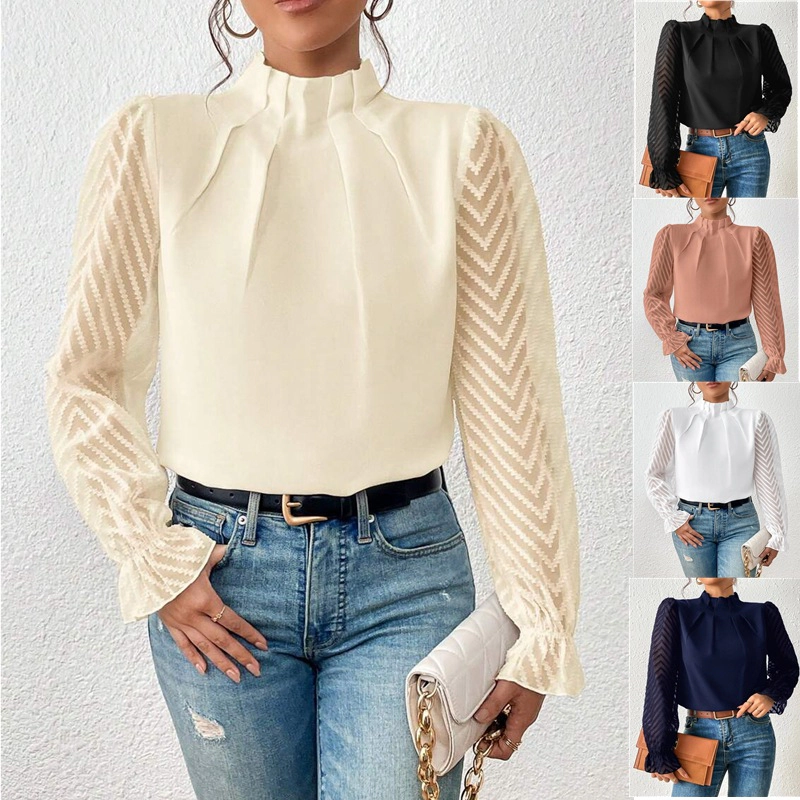 KOJOOIN Women’s Chiffon Shirt Mock Neck Office Dressy Blouses for Work Professional Long Sleeve Top