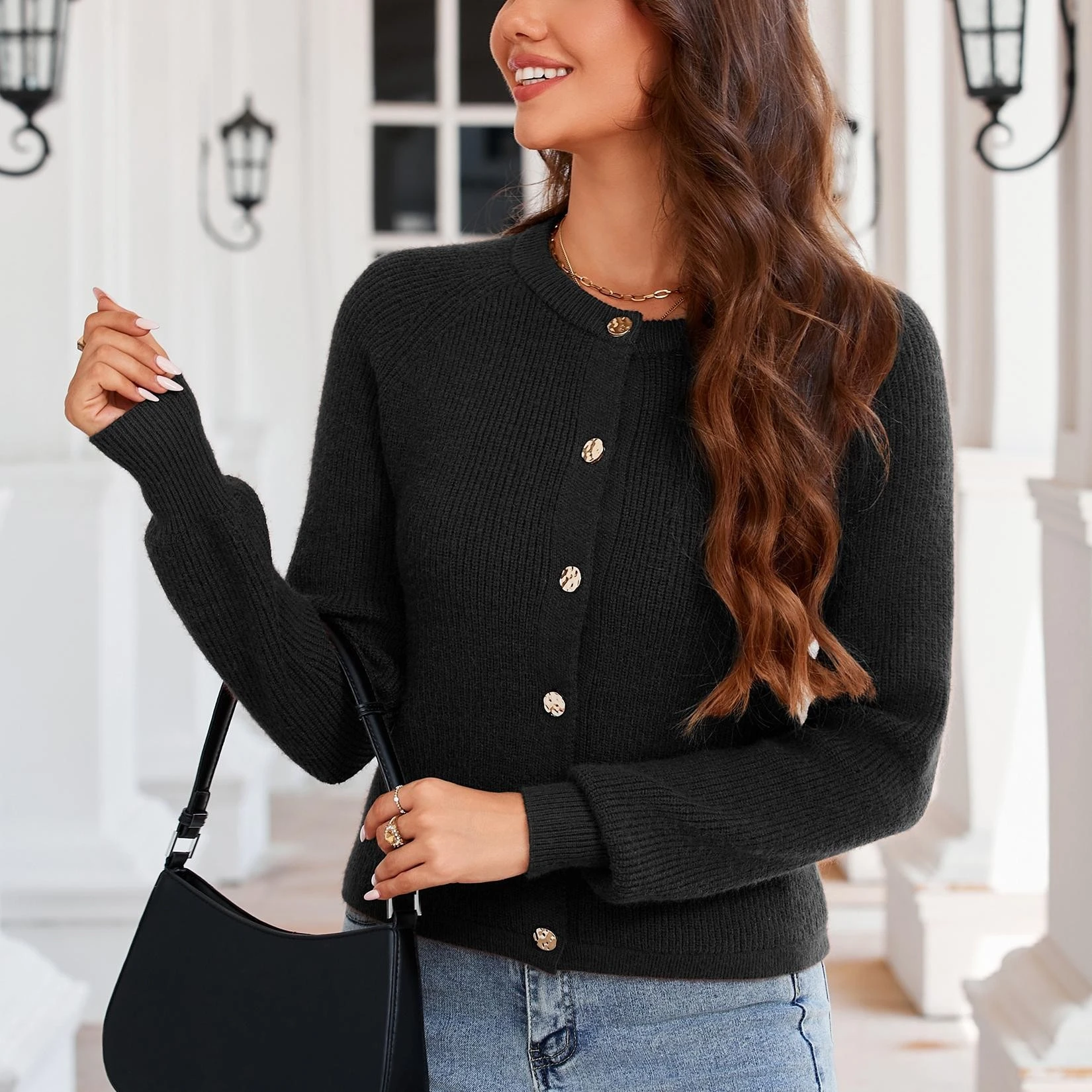 YesFashion Women's Chunky Knit Cardigans Crew Neck Long Sleeve Button Up Fall Winter Casual Sweaters