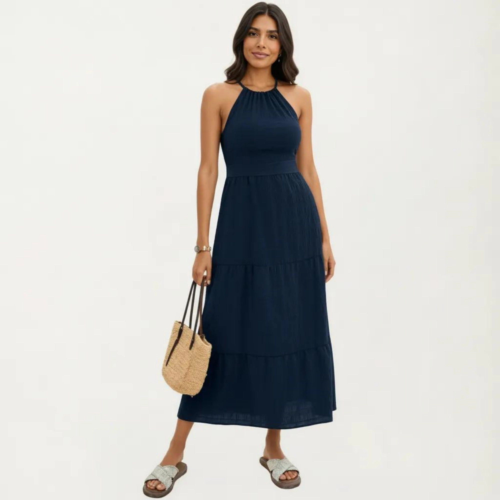 Anna-Kaci Women's Sleeveless Halter Neck Tiered Skirt Fit Lightweight Midi Dress
