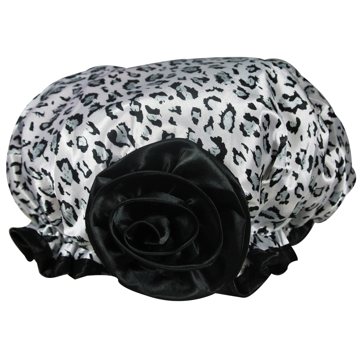 Wrapables Women's Stylish Satin Shower Cap, Black & White Leopard