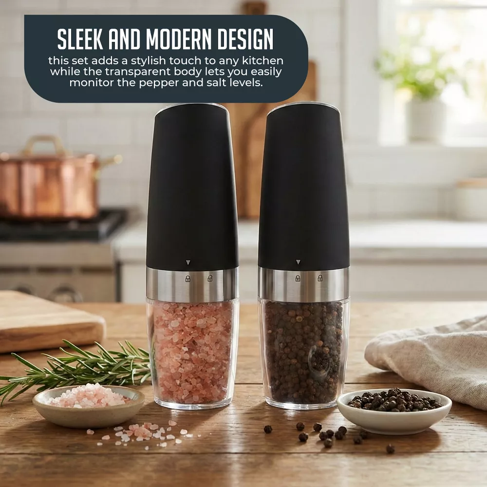 Luminuxe Gravity Electric Pepper and Salt Grinder Set – One-Handed Automatic Operation, Adjustable Coarseness, LED Light