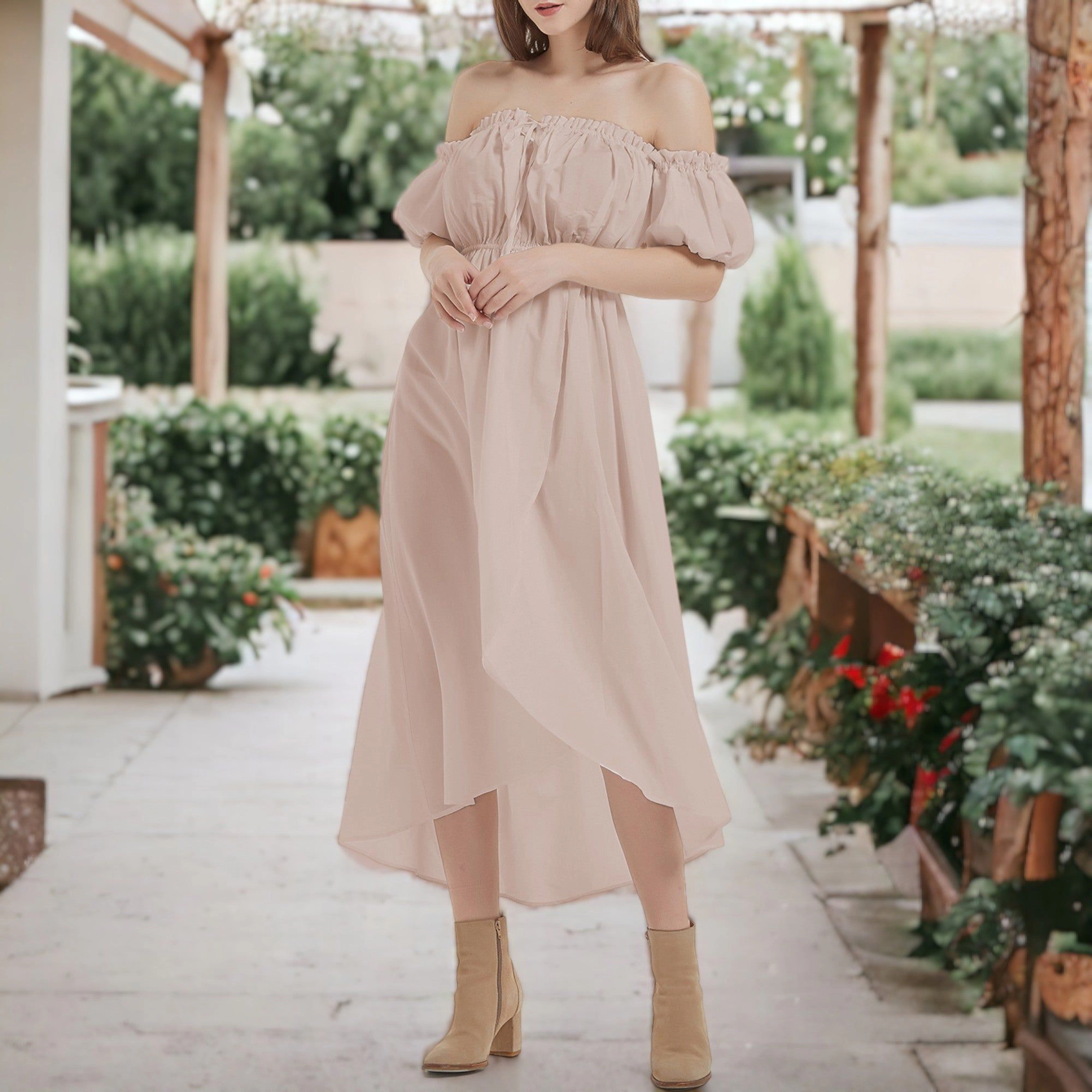 Anna-Kaci Women's Casual Boho Lantern Sleeve Off-Shoulder Midi Dress