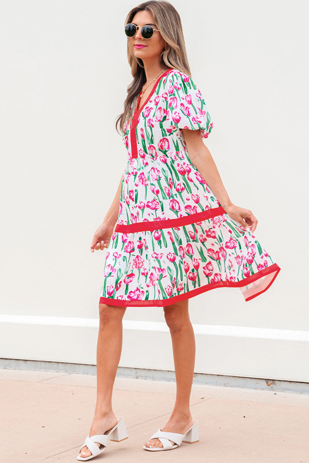 Threaded Pear Women's Berkley Floral V Neck Bubble Babydoll Dress