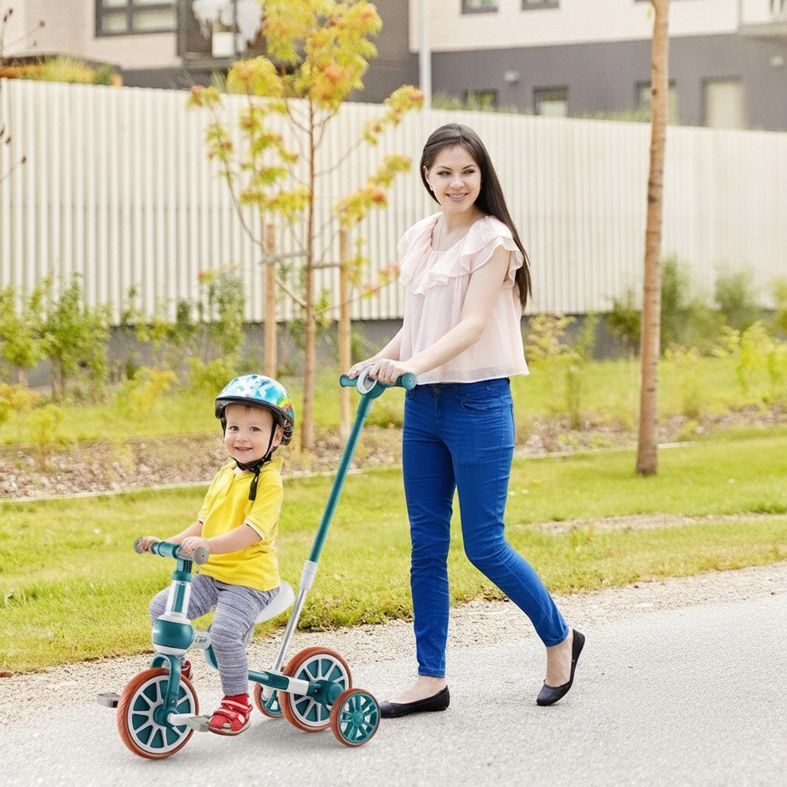 4-in-1 Kids Tricycle 4-Level Parent Push Handle Detachable Pedals Training Wheels 135-Degree Ages 2-4 Green