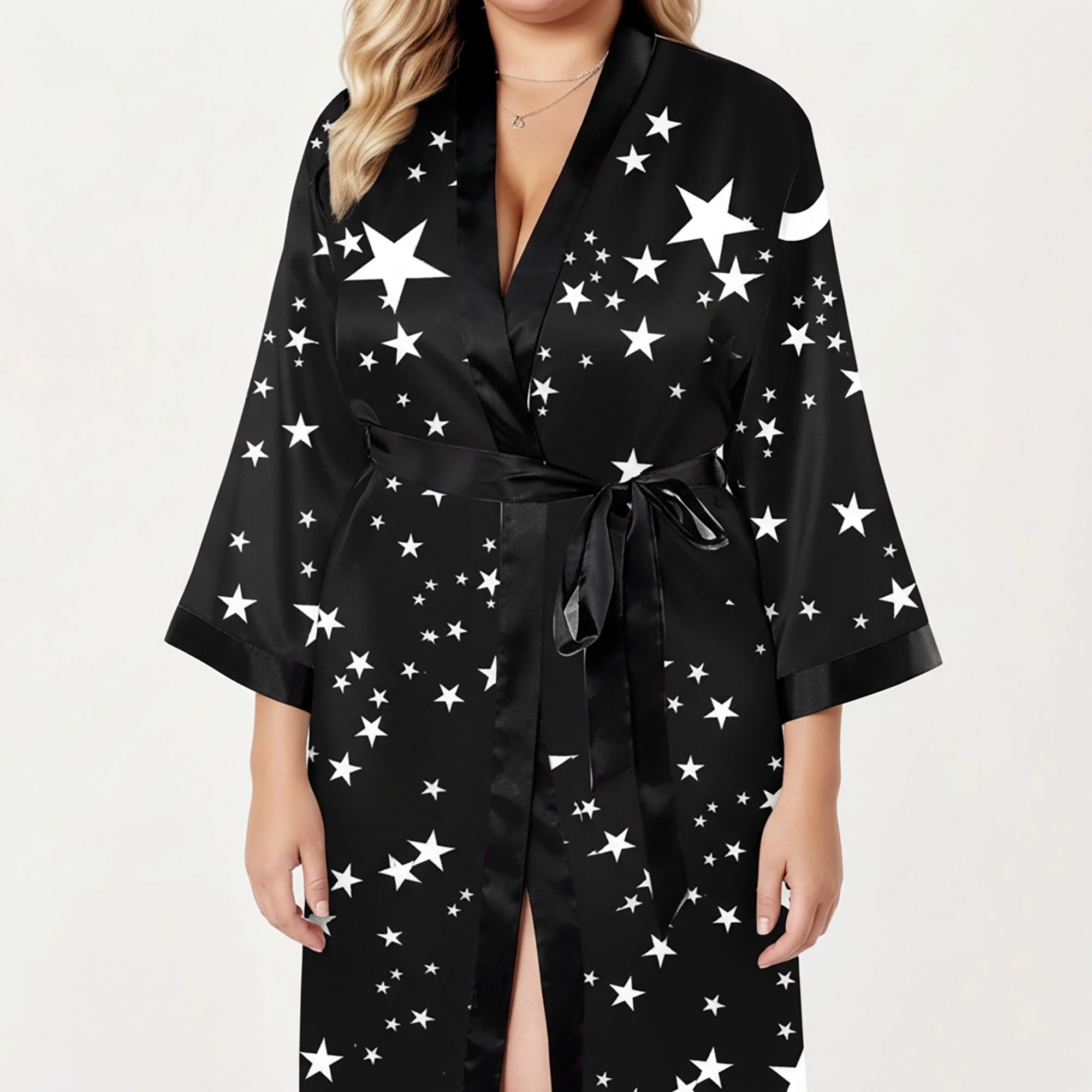 Anna-Kaci Women's Plus Star Print Long Robe with Soft Satin Feel Open Front Design and Adjustable Waist Tie