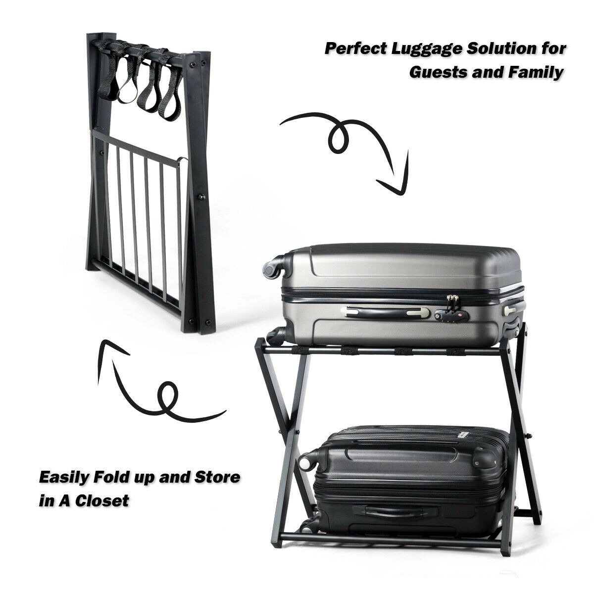 Glintex 2-Piece Folding Metal Luggage Rack Set with Removable Slatted Shelf, Black