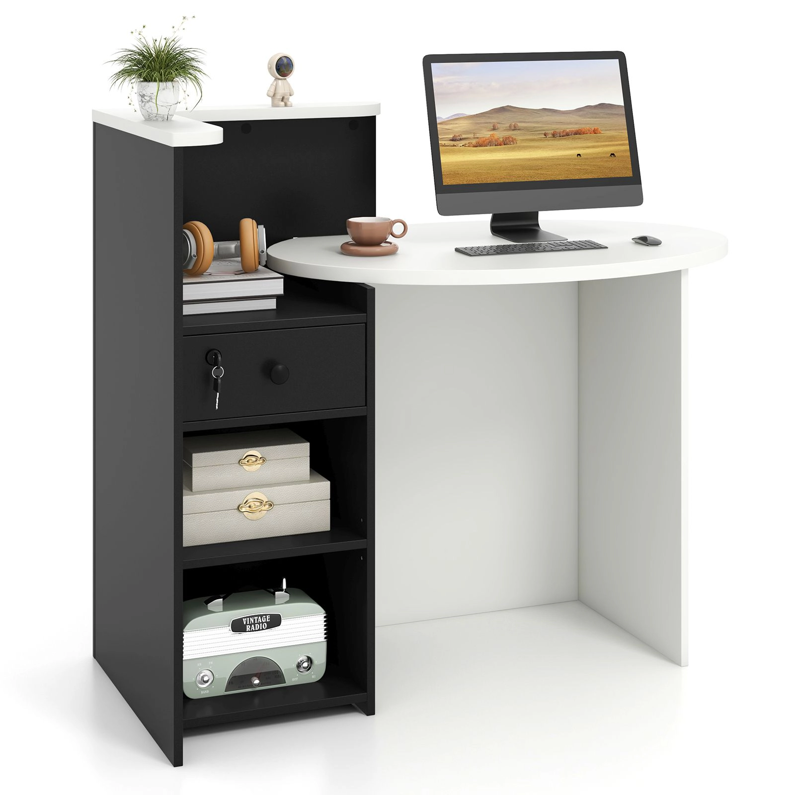 SlickBlue Modern Office Reception Desk with Storage Drawer and Shelves