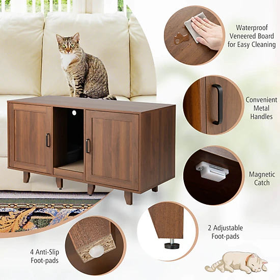 SUGIFT Brown 2-Door Cat Litter Box Enclosure with Winding Entry 47.5-in ...