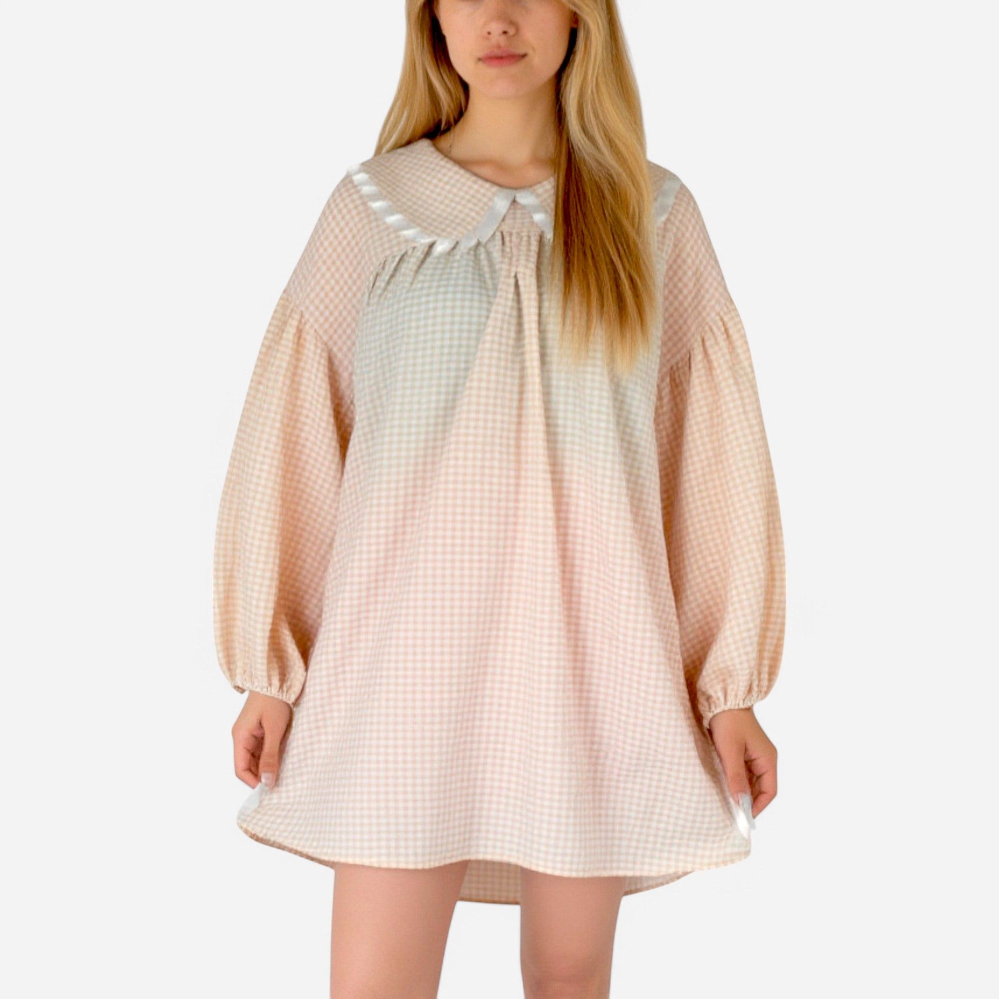 Anna-Kaci Women's Gingham Peter Pan Collar Ribbon Trim Nightgown
