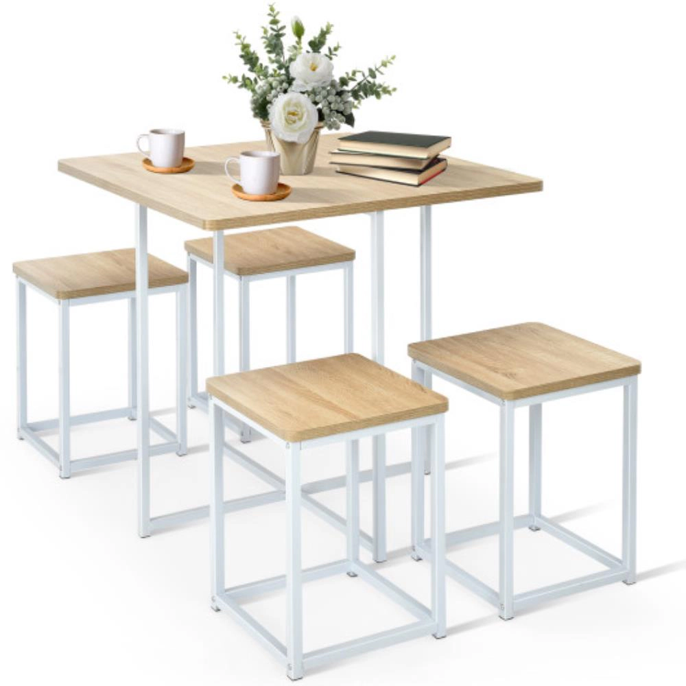 Hivvago 5 Pieces Metal Frame Dining Set With Compact Table And 4 Stools