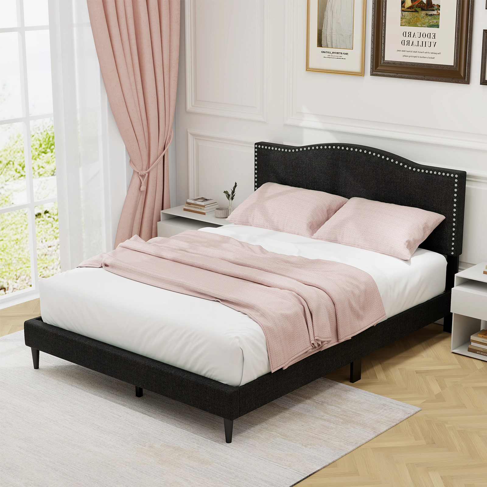 SUGIFT Queen Upholstered Platform Bed Frame, Linen Headboard, Nailhead Trim, Black