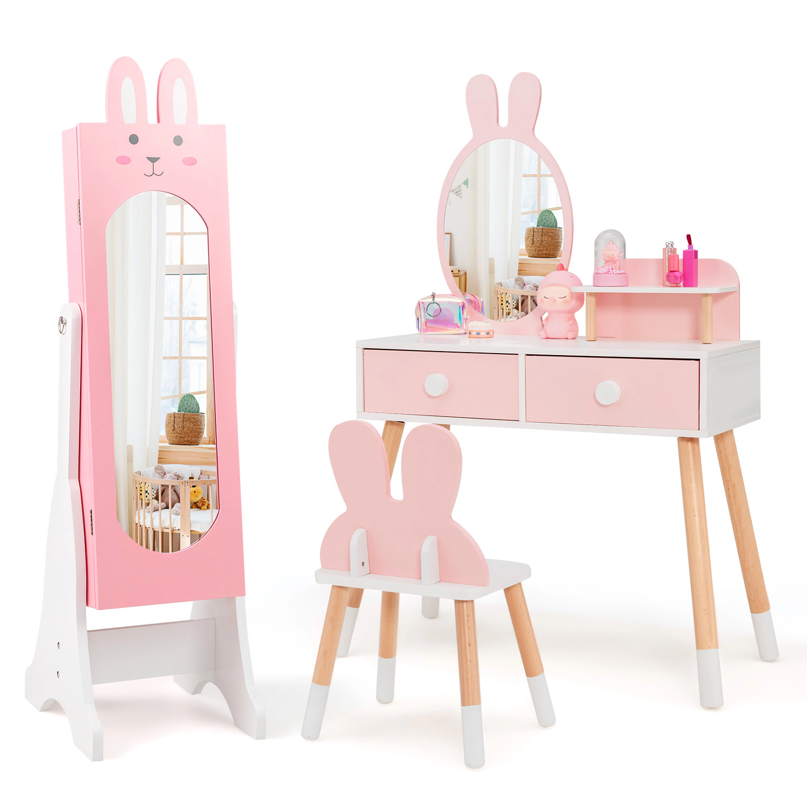 SUGIFT Kids Jewelry Armoire with Full-Length Mirror 2 Tilt Angles 2 Drawers and Rabbit Theme Design