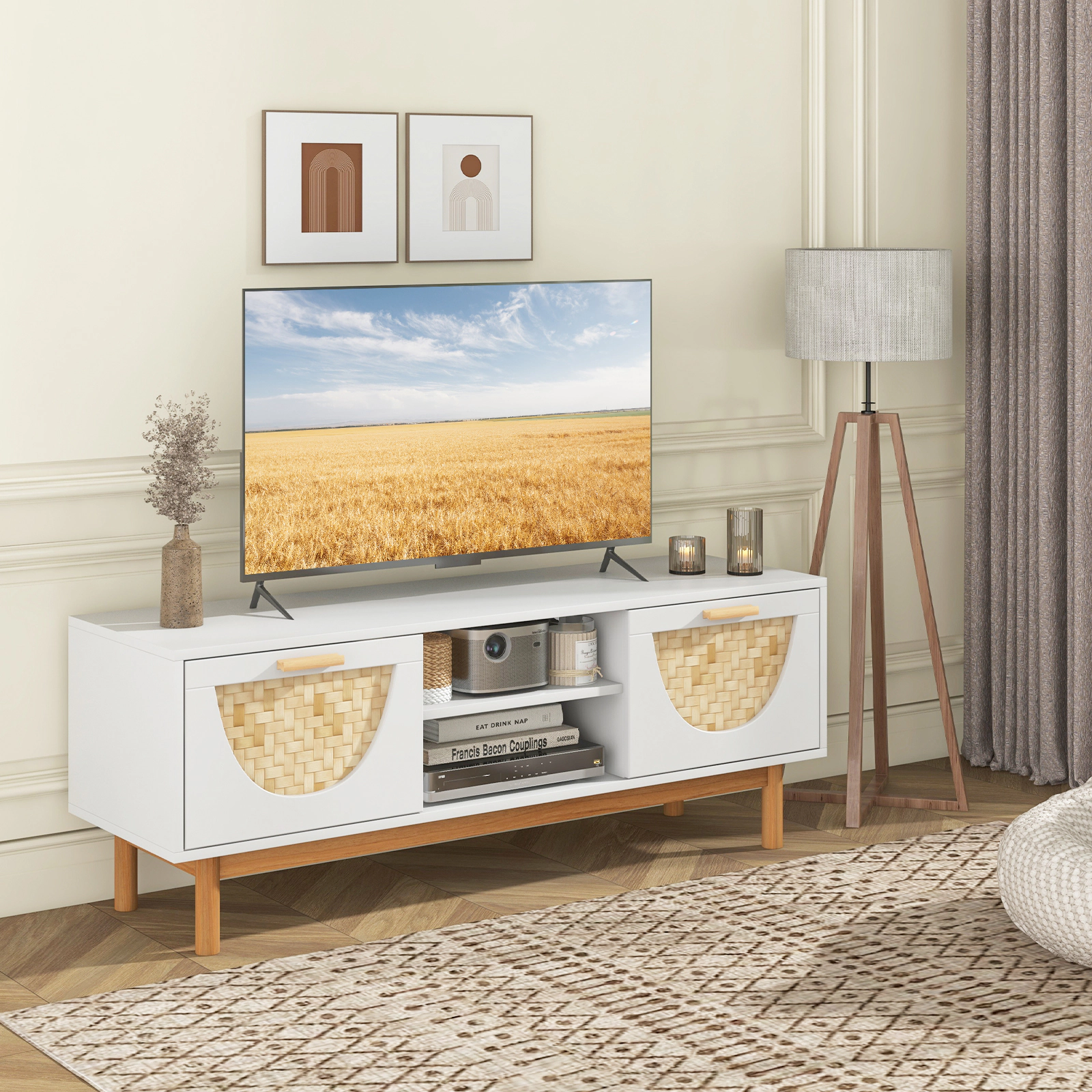 LJG Mid Century Modern TV Stand Entertainment Center for 55-Inch TV with 2 Drawers and Bamboo Woven Fronts