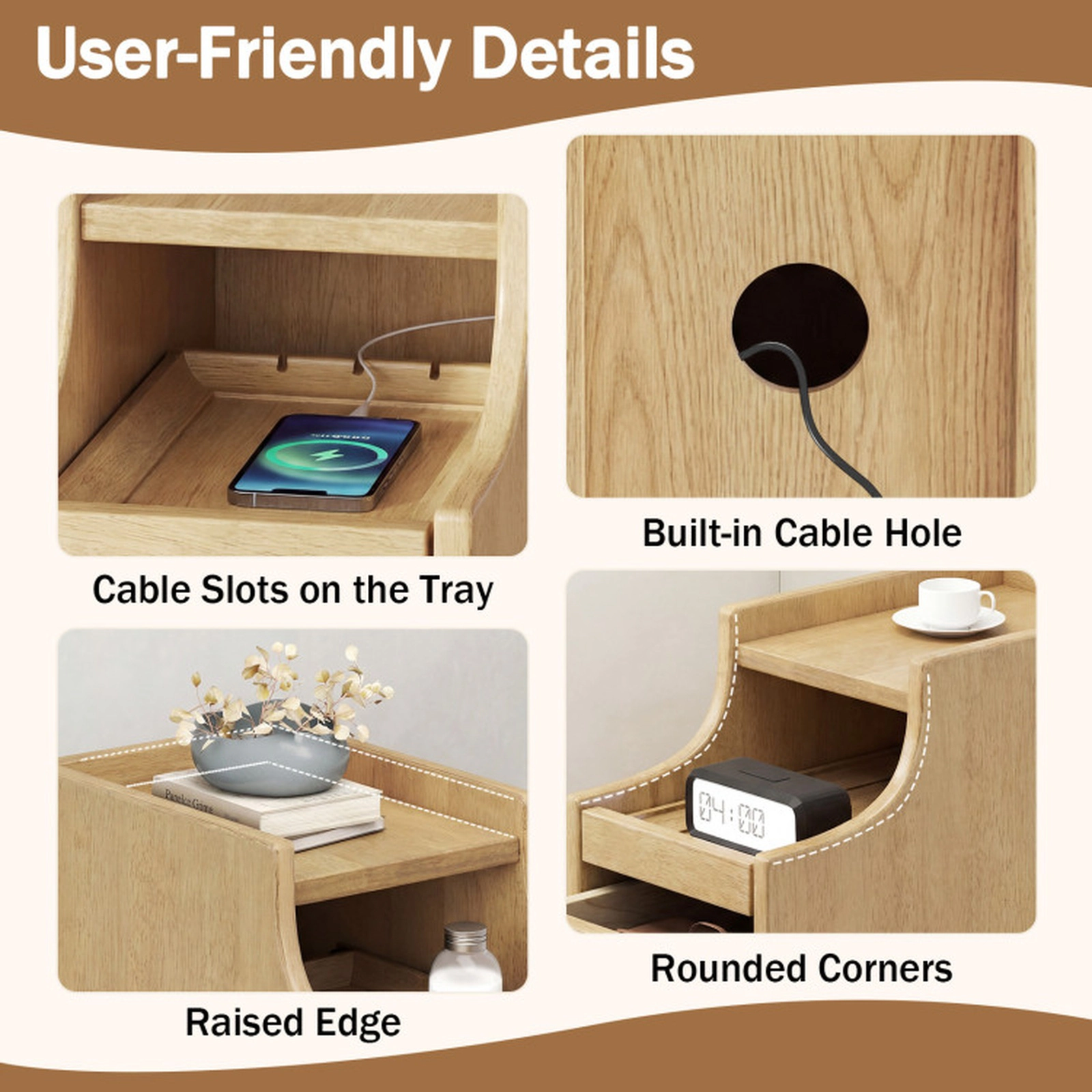 SUGIFT 8-Inch Narrow Brown Nightstand with Pull-Out Tray and 2 Drawers