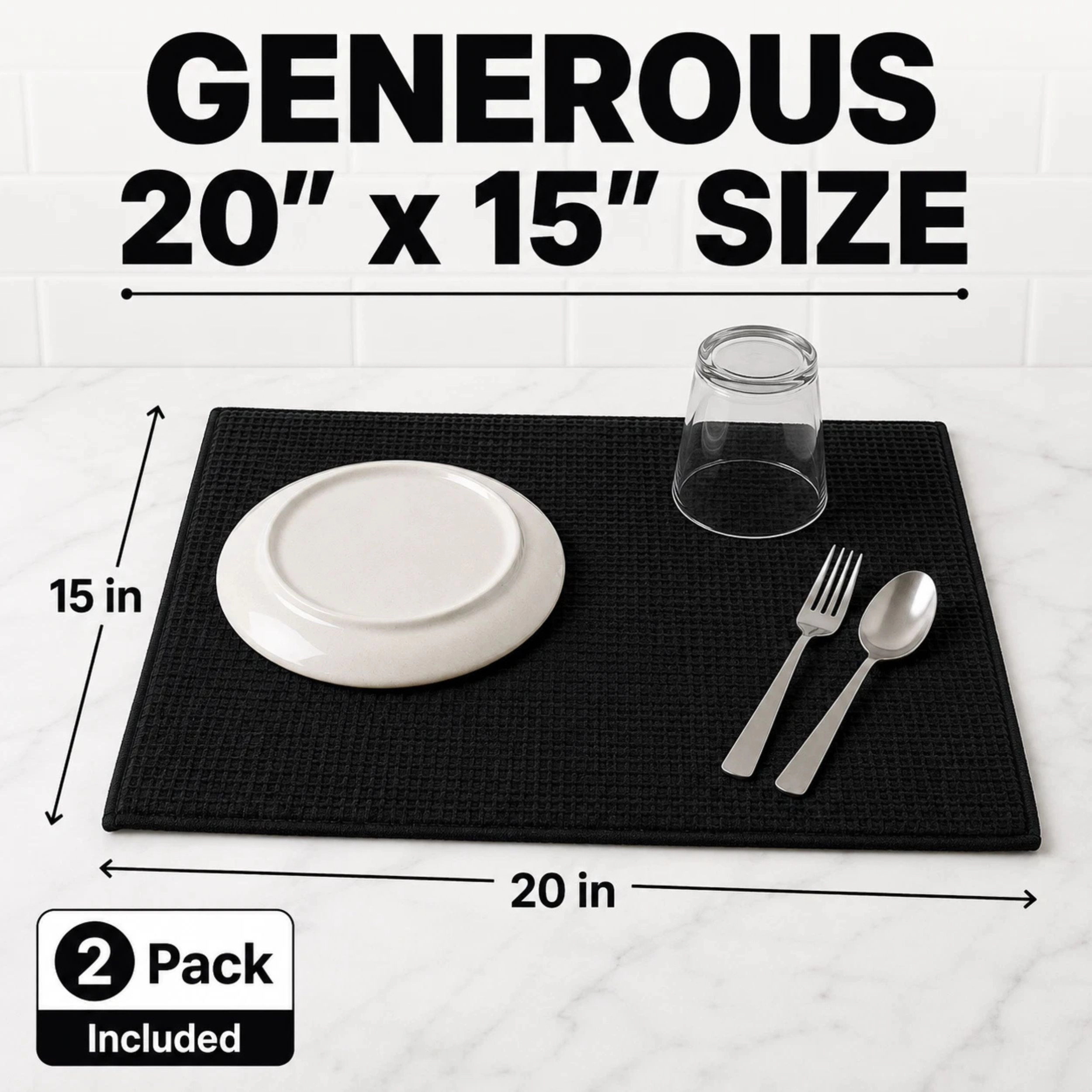 Home Collection Pack of 2 Black Absorbent Dish Drying Mats 20" x 15"
