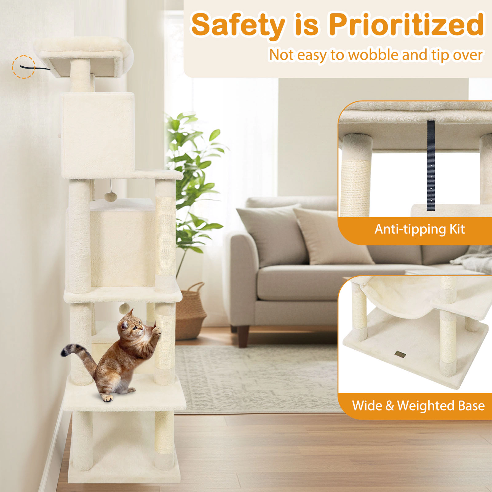 SUGIFT Beige 70 in Large Cat Tower with 2 Hideaway Condos and Padded Top Perch