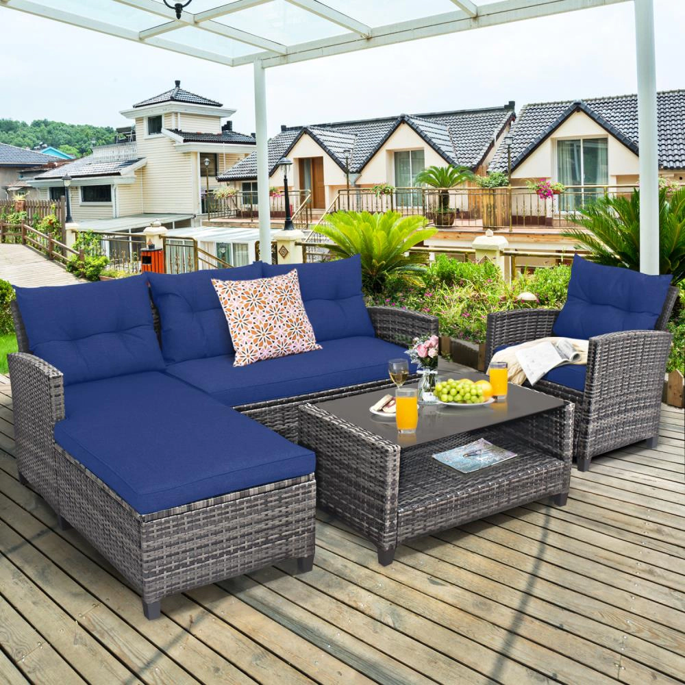 Hivvago 4 Pieces Patio Rattan Sofa Furniture Set With Cushion And 2-Tier Coffee Table