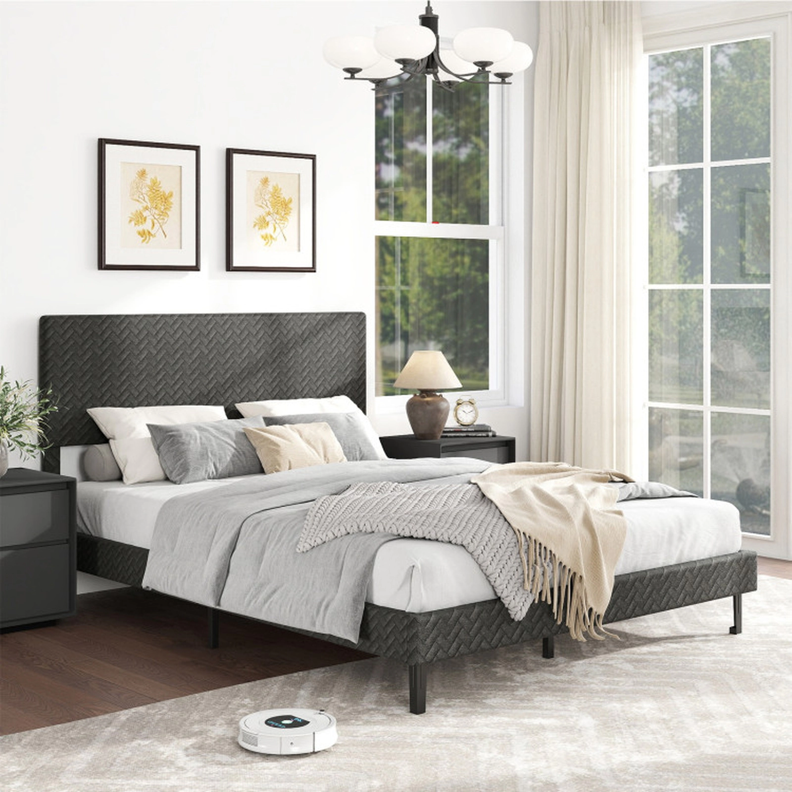 SUGIFT Gray Adjustable Chevron Headboard Queen Size Velvet Upholstered Platform Bed
