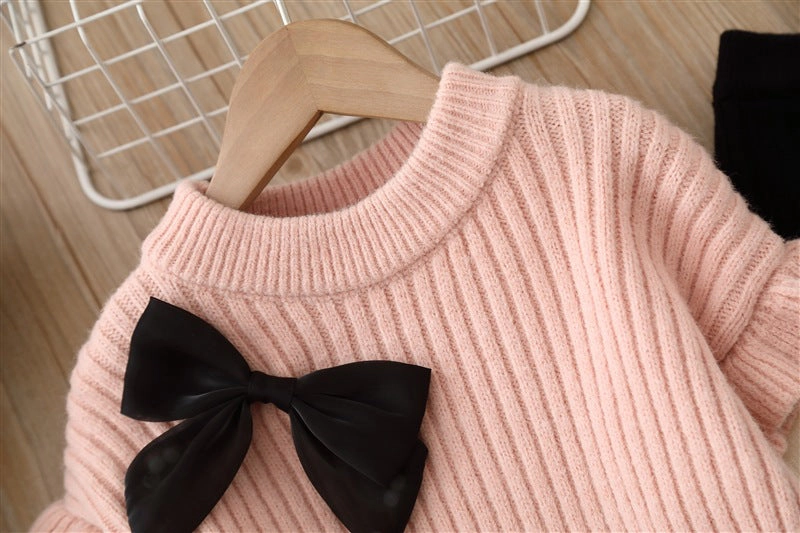 MyKids-USA Baby Solid Color Bow Patched Sweater With Pants Sets