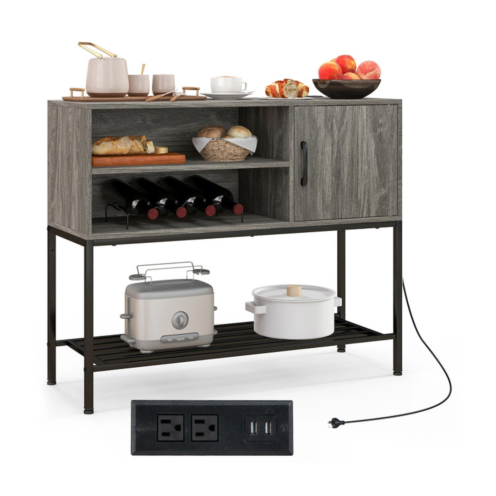 SUGIFT 40-in Gray 110-lb Top Buffet Sideboard Cabinet with Power Outlets USB Ports and Wine Racks