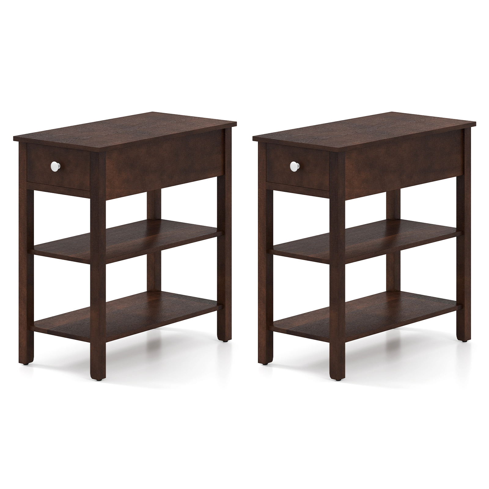 SUGIFT Set of 2 Narrow Walnut Nightstands, 3-Tier Shelves and Drawer