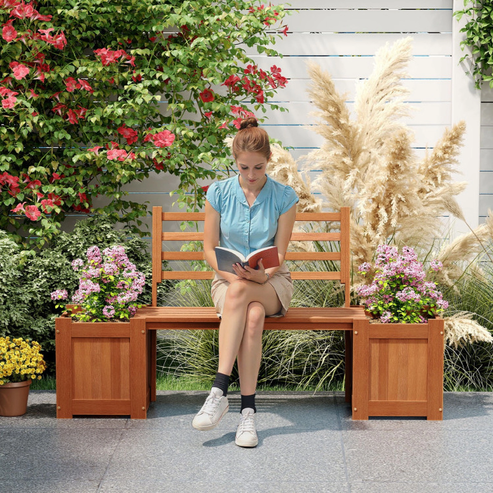 SUGIFT Hardwood Planter Bench with Backrest 330-lb Capacity Wood Seat with Dual Planter Boxes 68-in Wide Natural Color