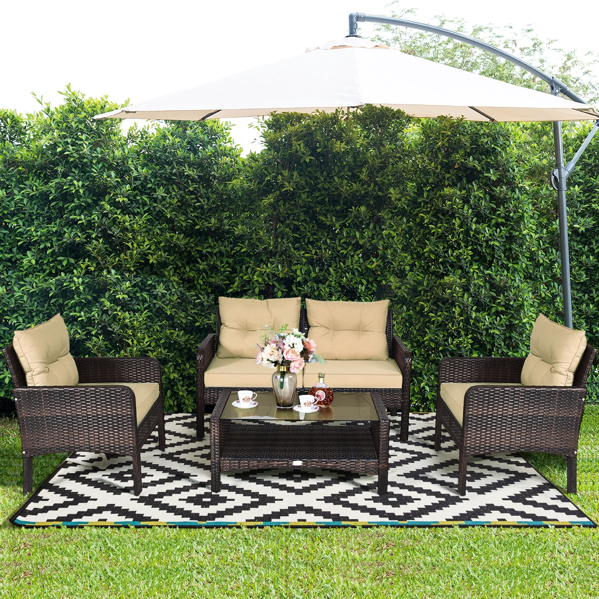 LJG 4 Pieces Outdoor Rattan Wicker Loveseat Furniture Set with Cushions