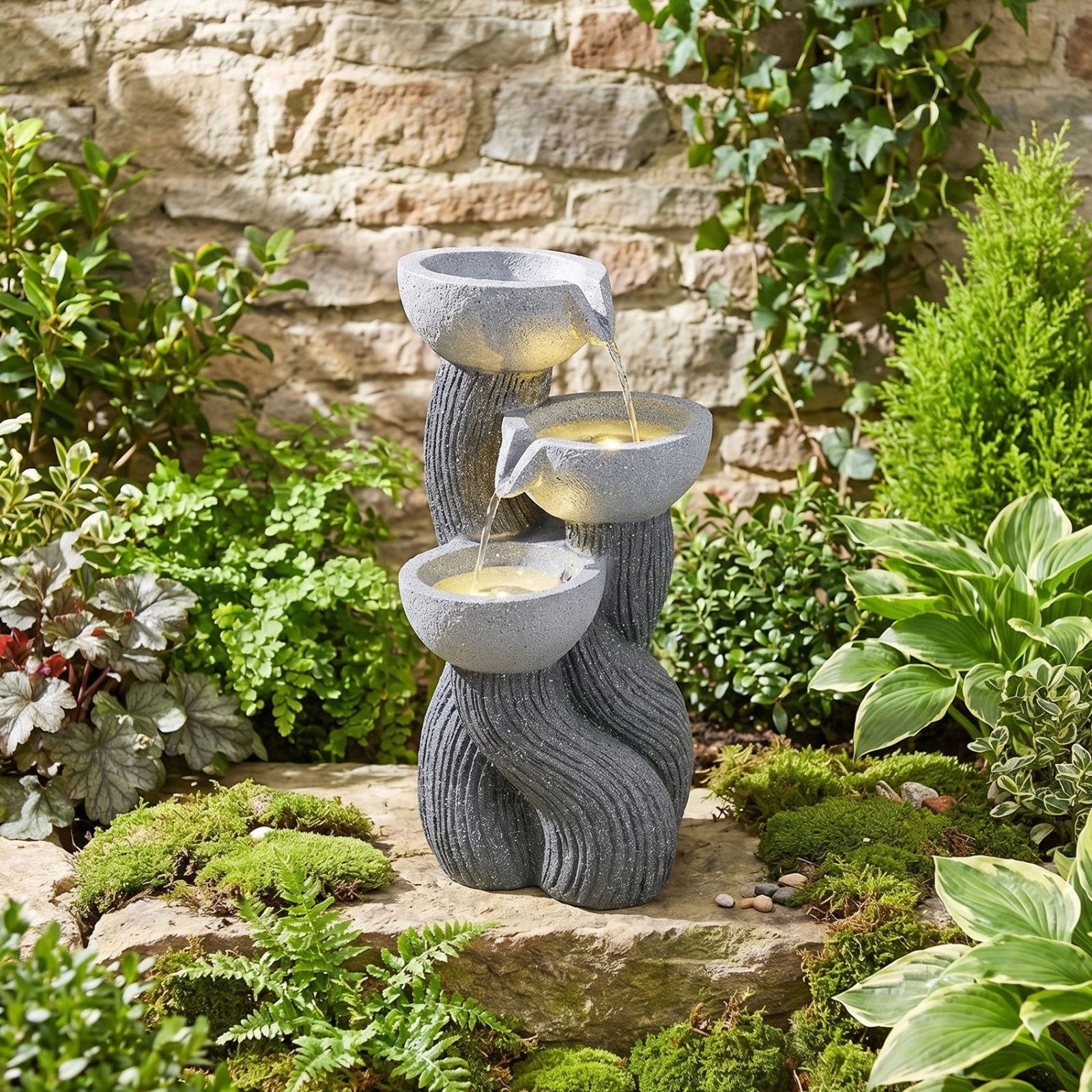 SUGIFT 3-Tier Outdoor Water Fountain Gray 18.5 Inch with LED Lights for Patio
