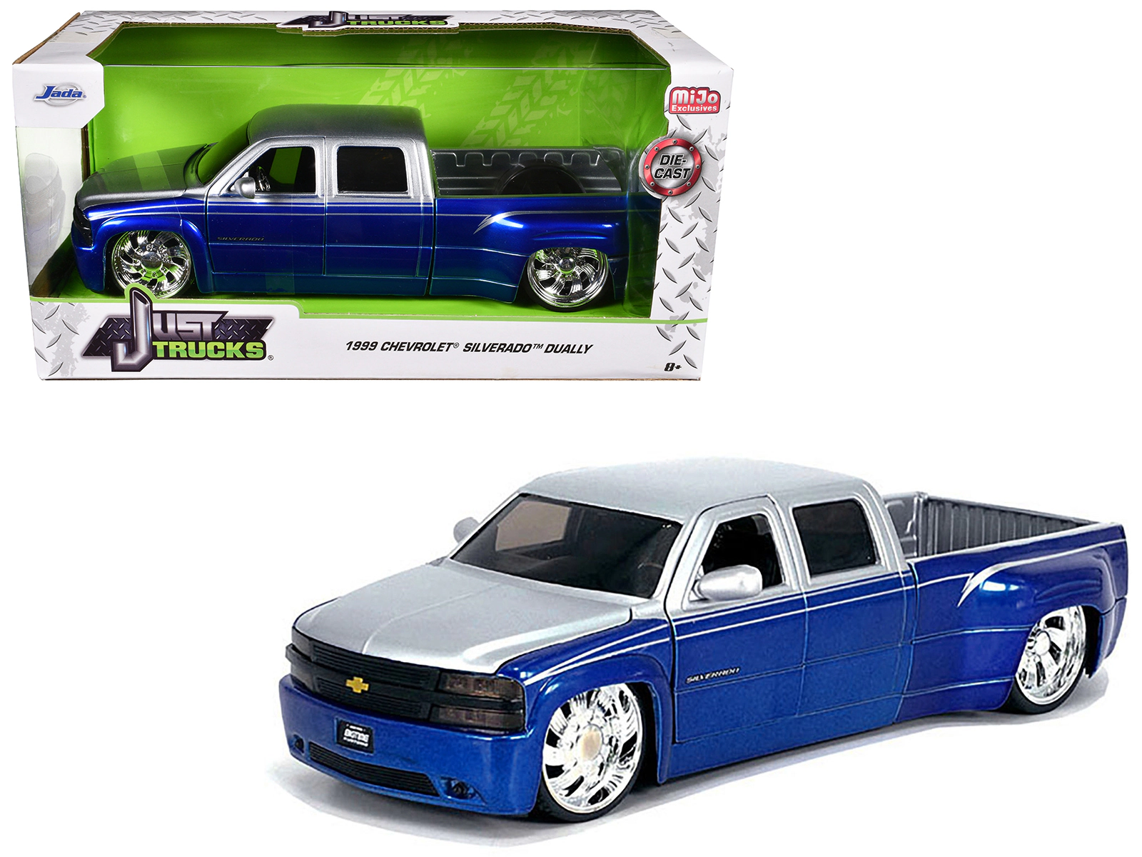 Jada 1999 Chevrolet Silverado Dually Pickup Truck Blue Metallic and Silver with Custom KMC Wheels "Just