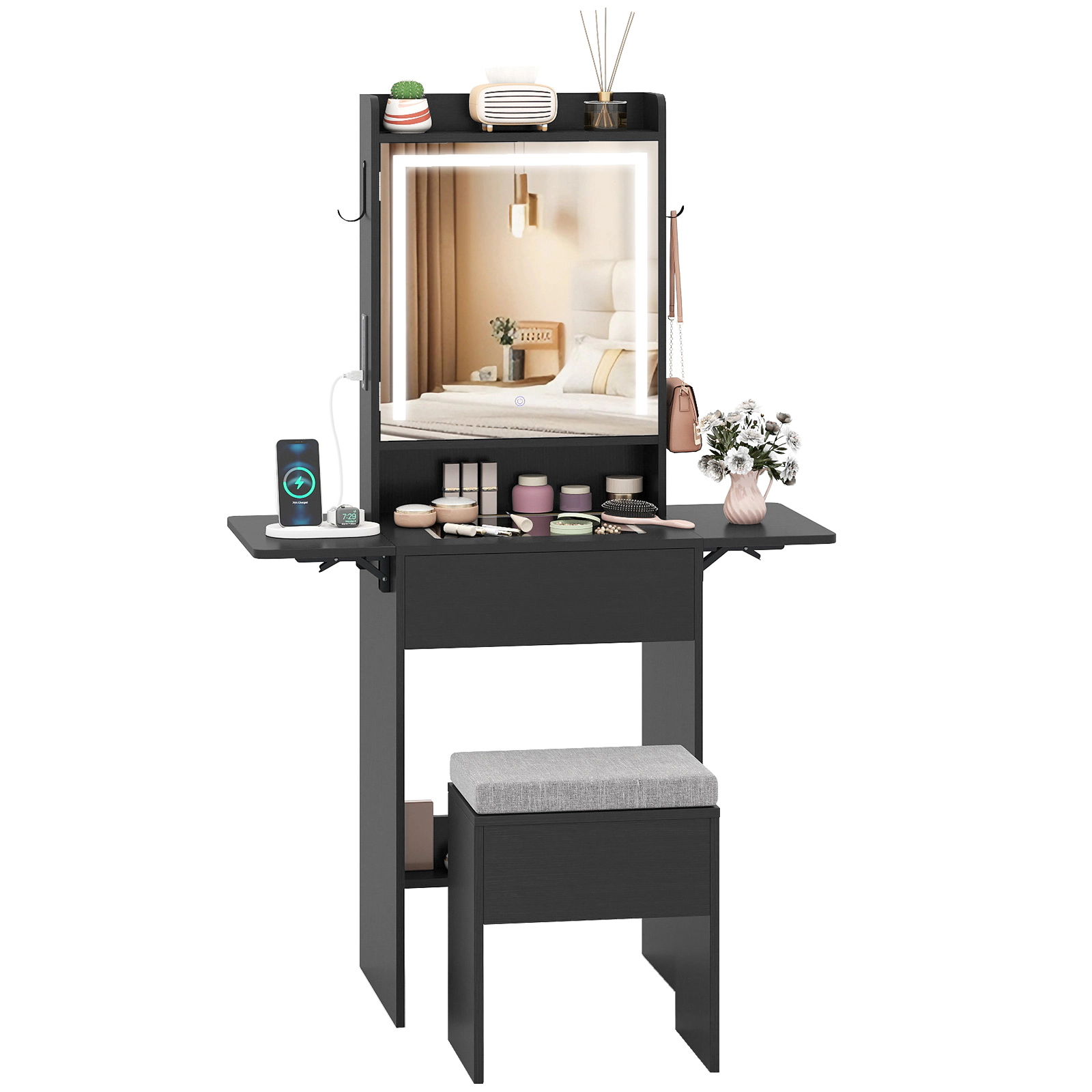 SUGIFT Space-Saving Vanity Desk with LED Mirror, Charging Station and Storage Stool 44-lb Tabletop Capacity 297-lb Stool