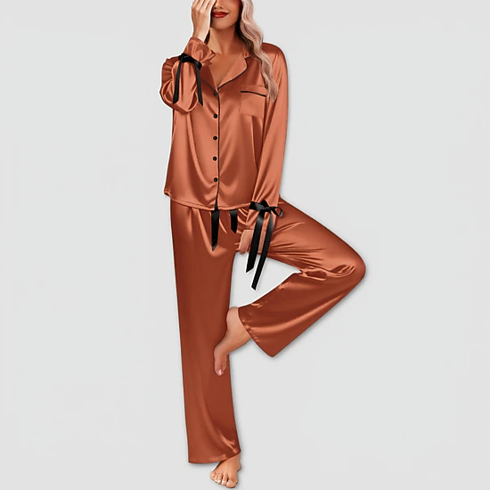 Ekouaer Womens Classic Button Down Long Satin Pajamas Set Bow Tie Silky Pajamas Sets Fancy