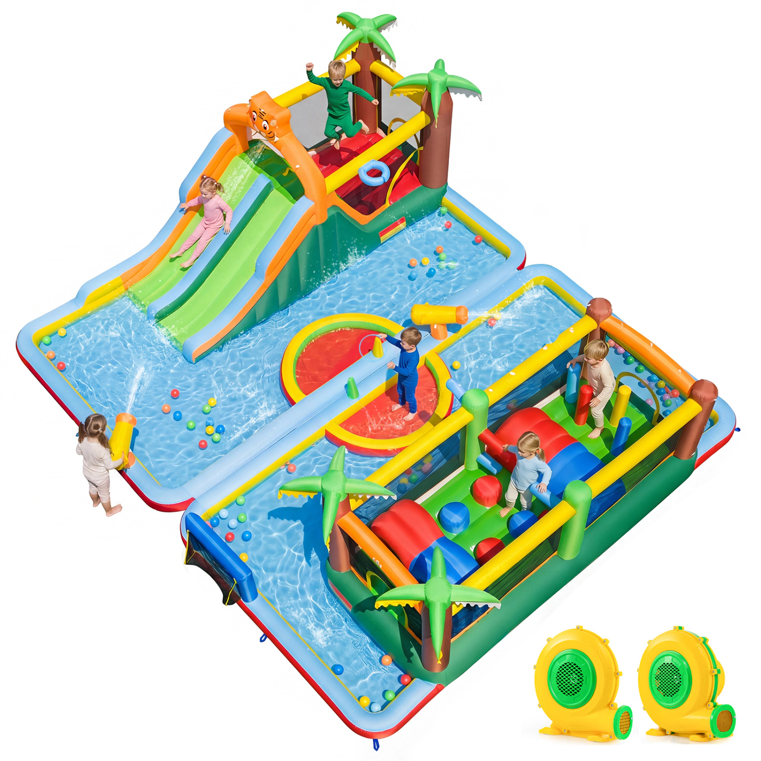 LJG Kids Tiger Inflatable Water Park Obstacle Bounce House with 2 Blower
