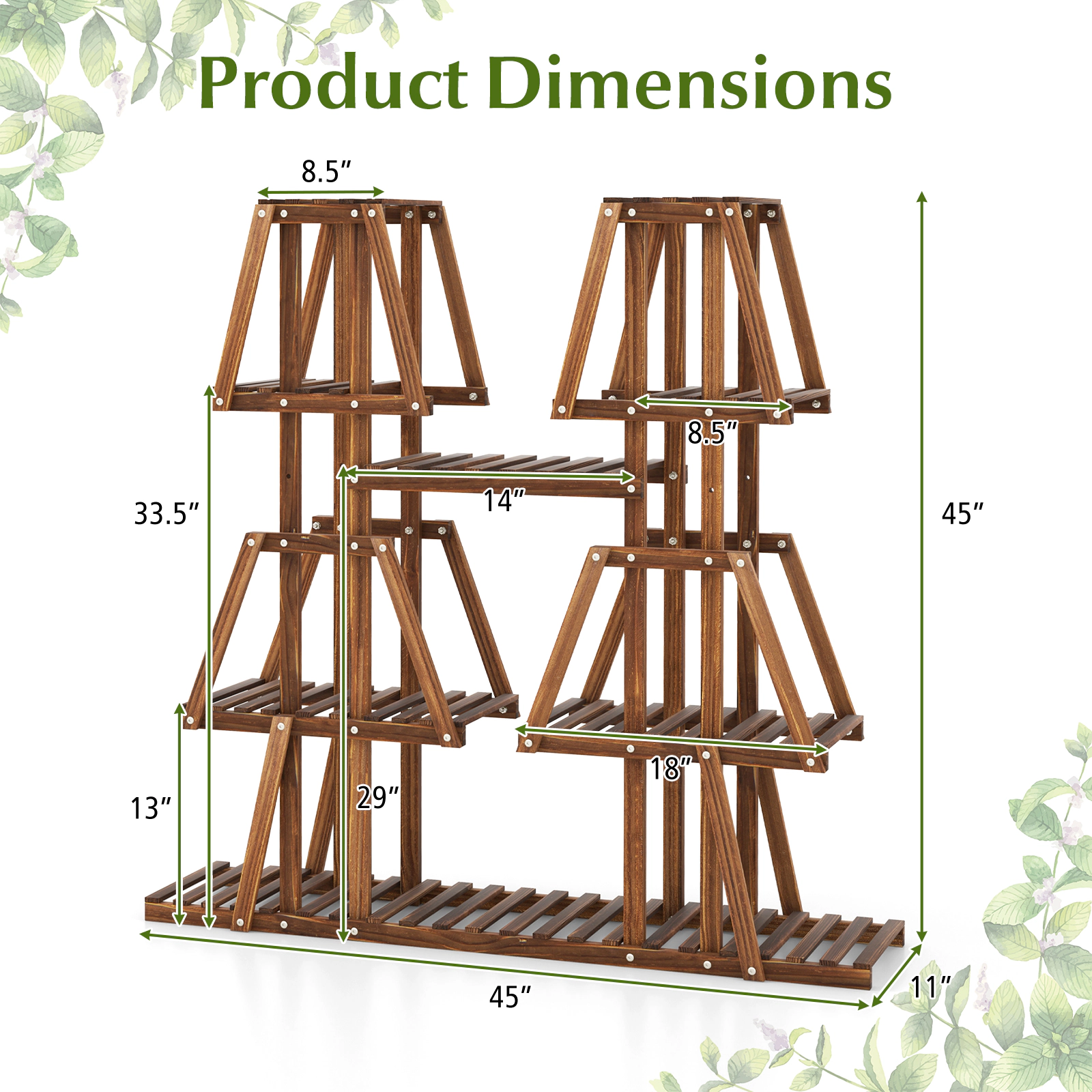 SUGIFT Brown 5-Tier 45-in Wooden Plant Stand with 10 Shelves Tiered Plant Shelf for Indoor and Outdoor