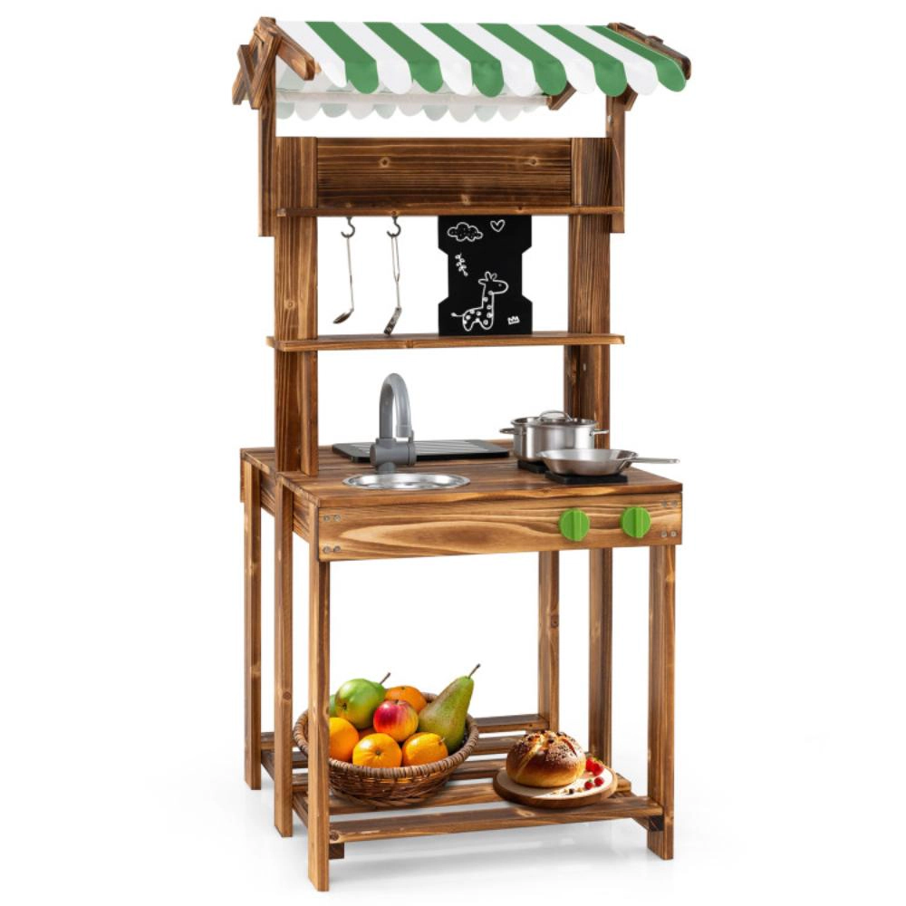 Hivvago Double-Sided Mud Kitchen with Canopy and Chalkboard for 3+ Years Old-Natural
